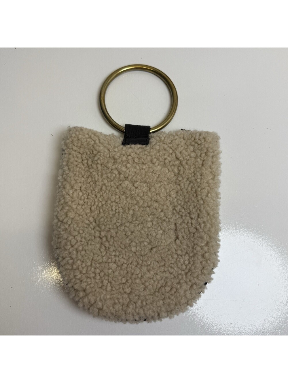 Kim White Fur Shearling Mini Ring Wristlet Bag Cream Tan Brass Hardware Handbag
